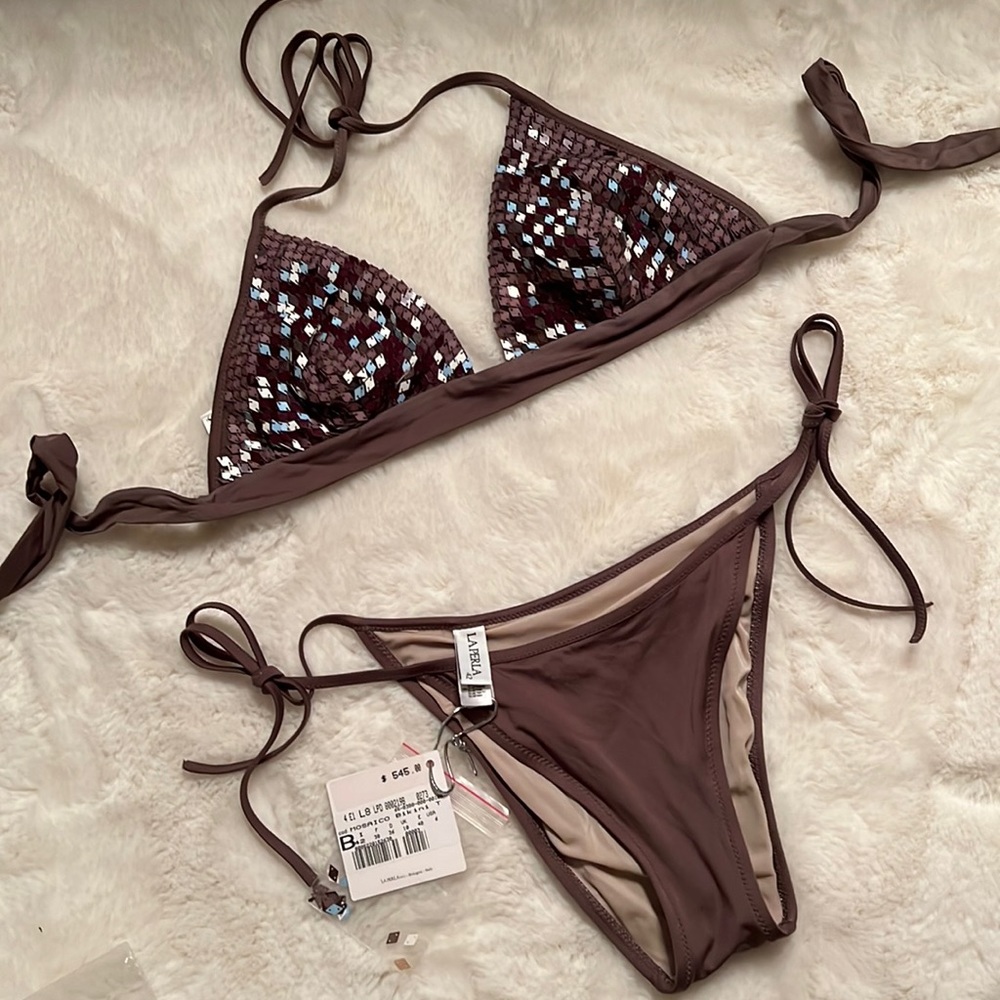 $545 La Perla Mosaico Sequins Light Brown Triangle Bikini